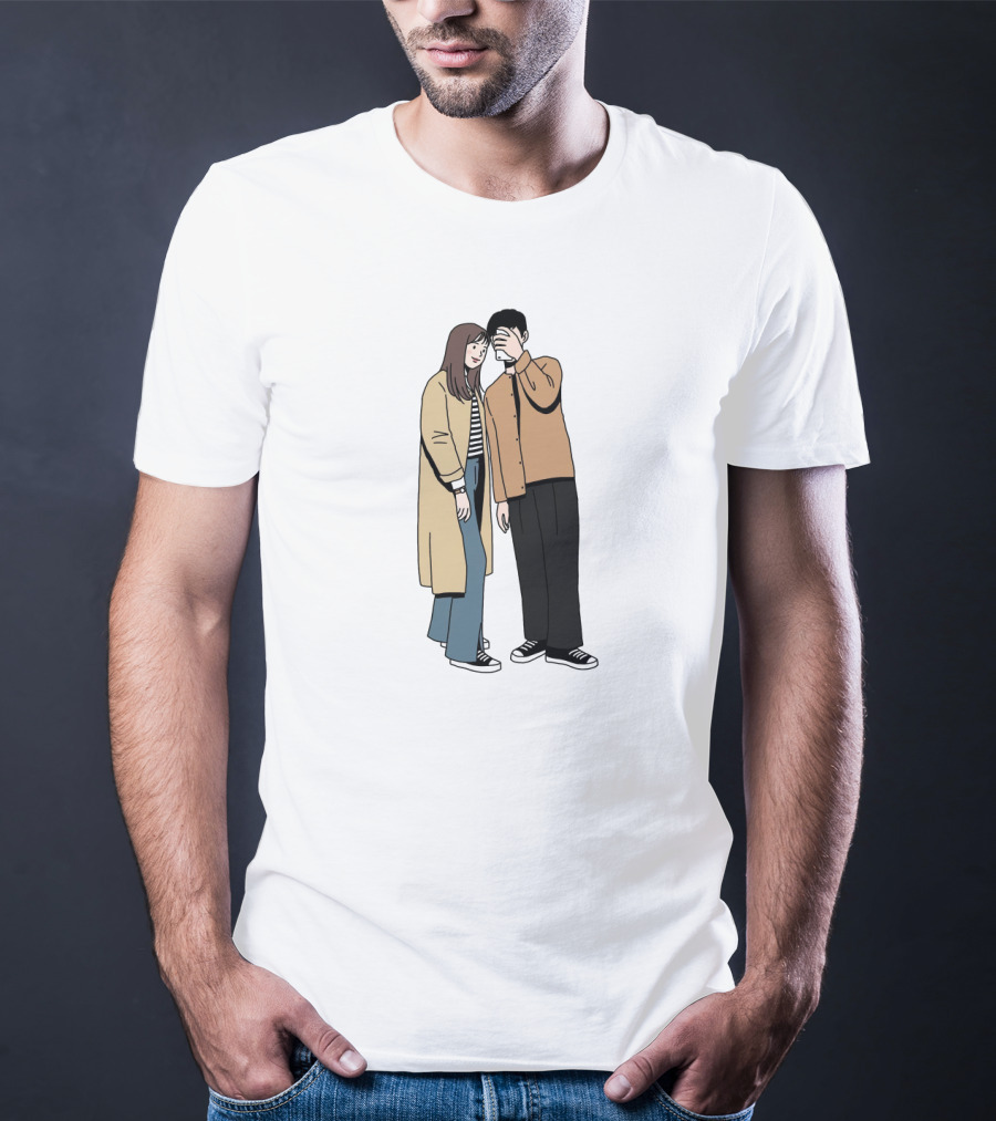 Couple In Casual Streetwear With Oversized Coat And Sneakers T-Shirt