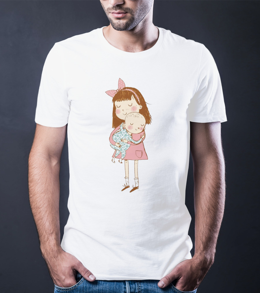 Big Sister Embracing Baby With Pink Bow Matching T-Shirt