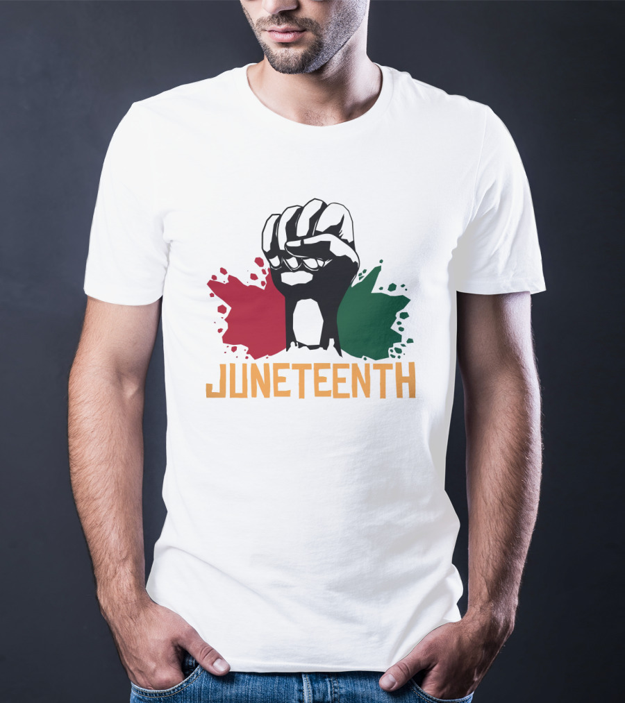 JUNETEENTH Raised Fist With Red Black Green Paint Splashes T-Shirt
