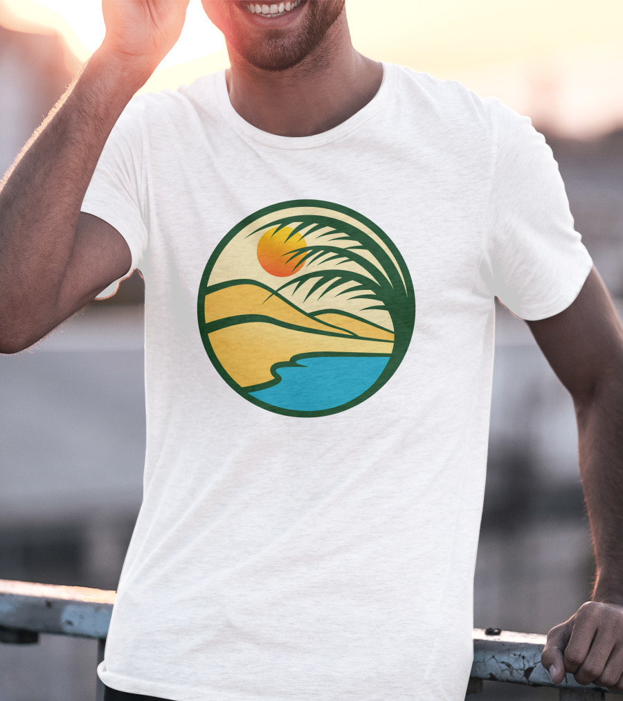 Oasis Desert Sunset With Palm And Water Scene T-Shirt