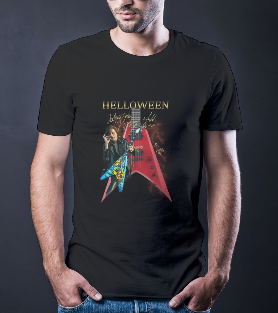 Helloween Signature Guitar With Autographs And Musician Playing Electric Guitar T-Shirt