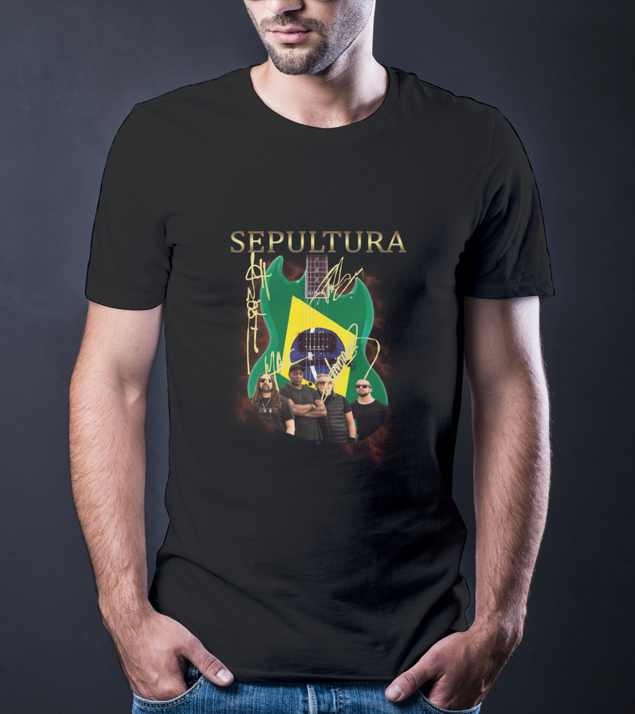 SEPULTURA Brazil Flag Guitar With Band Signatures T-Shirt