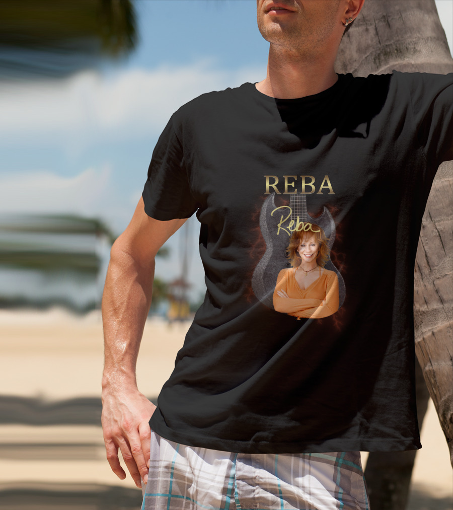 REBA Signature Guitar With Portrait On Black Electric Background T-Shirt