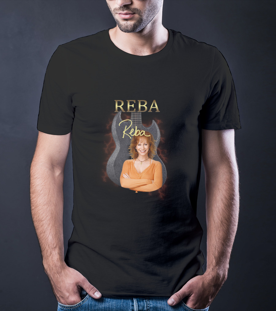 REBA Signature Guitar With Portrait On Black Electric Background T-Shirt