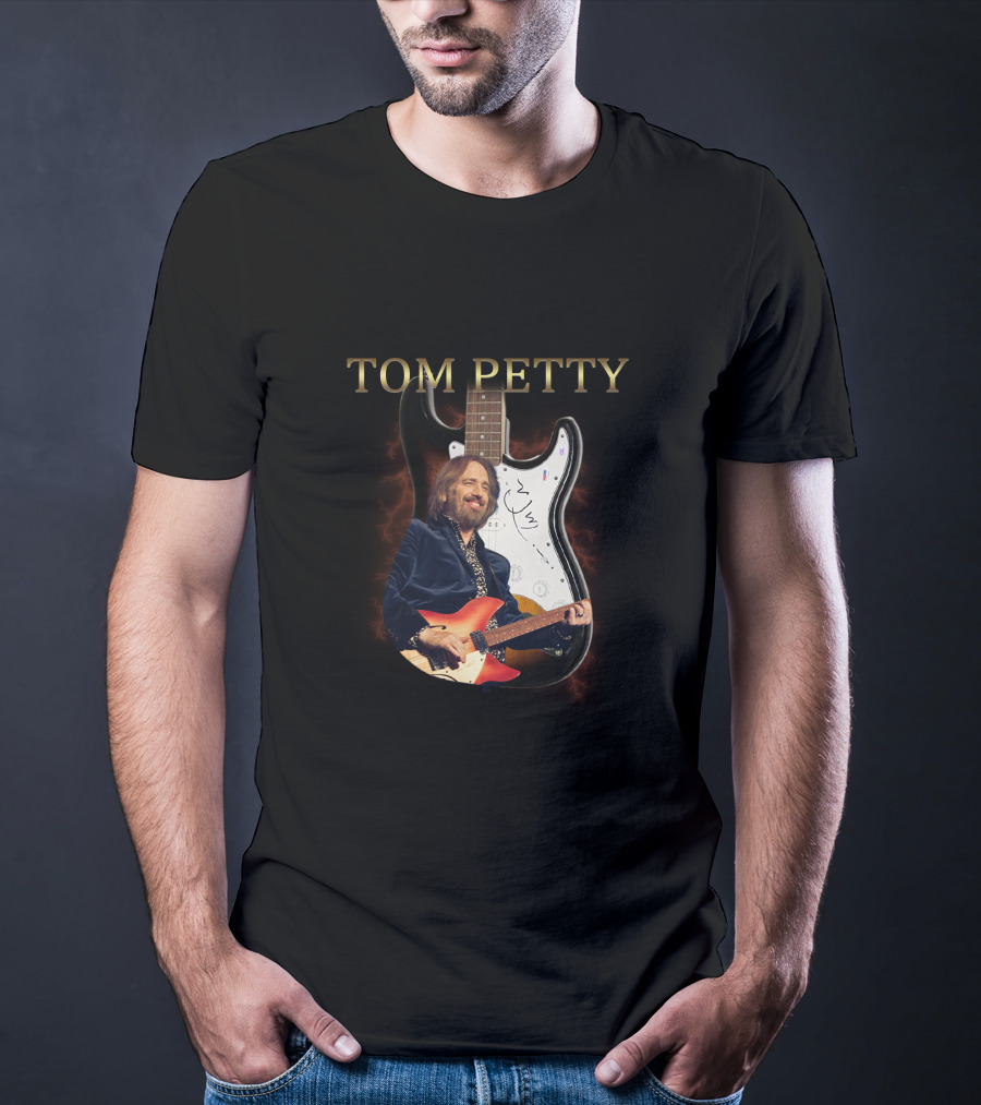 TOM PETTY Signature Guitar Image With Artist Playing Electric Guitar T-Shirt