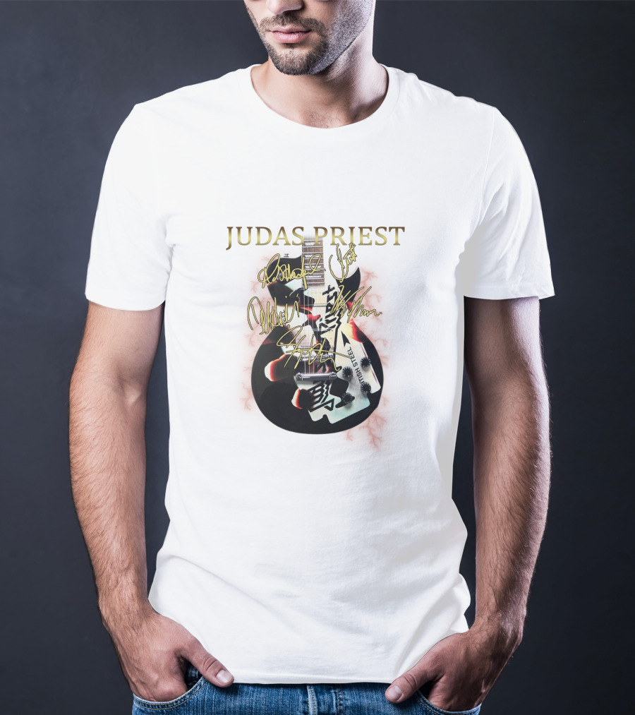 Judas Priest High Steel Guitar Signed By Band Members T-Shirt