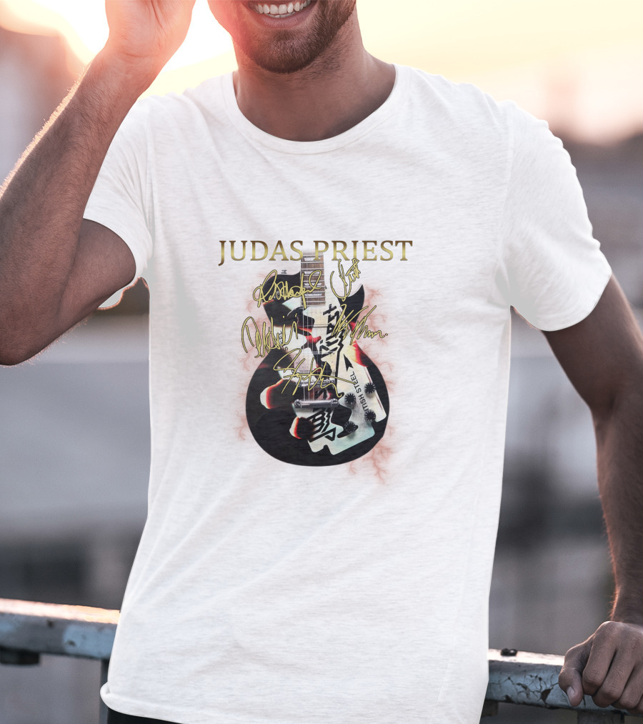 Judas Priest High Steel Guitar Signed By Band Members T-Shirt