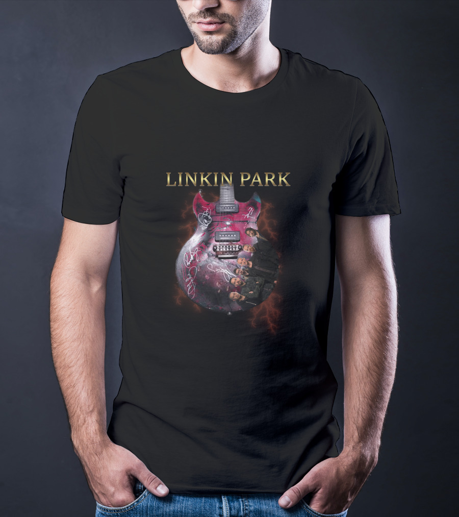 Linkin Park Signed Guitar With Band Members T-Shirt