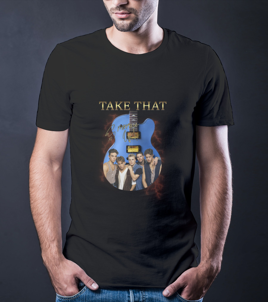 Take That Group Photo With Blue Guitar And Signatures T-Shirt