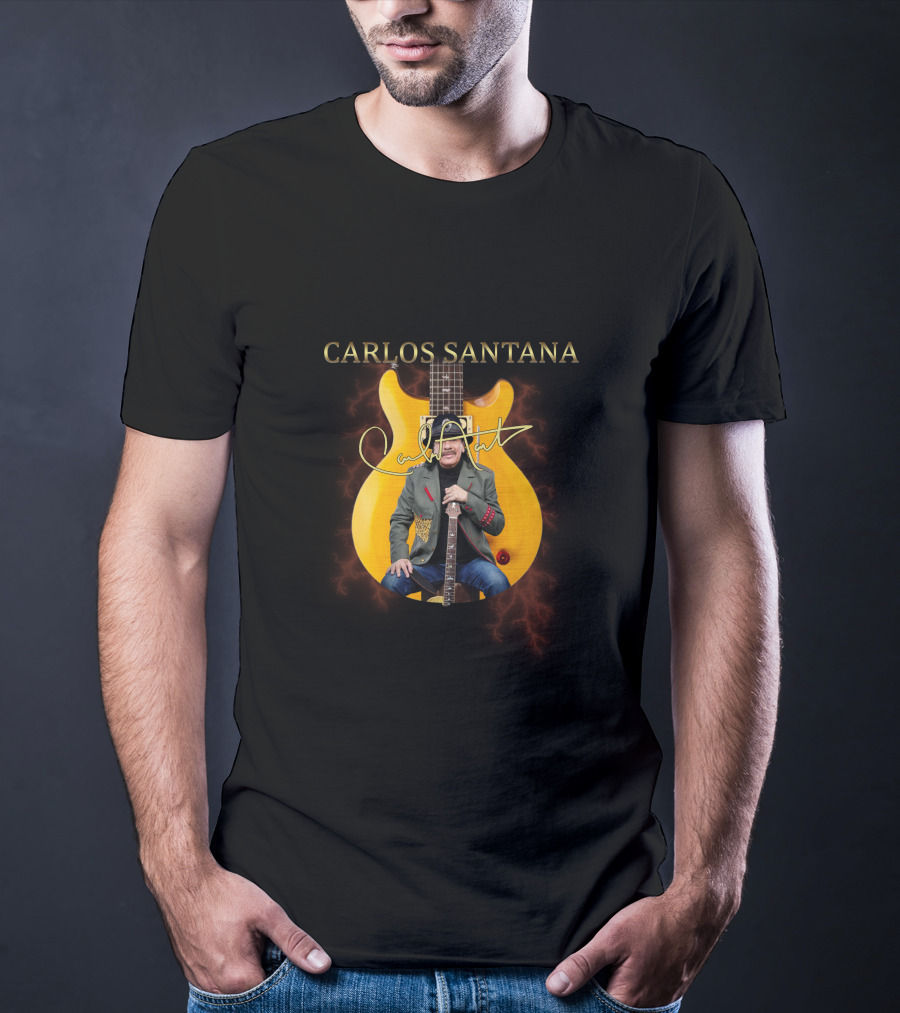 Carlos Santana Signature With Yellow Electric Guitar And Lightning Background T-Shirt
