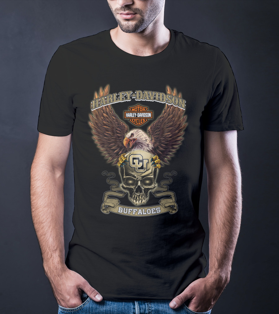 Harley Davidson Motor Cycles Cu Buffaloes Eagle Skull T-Shirt