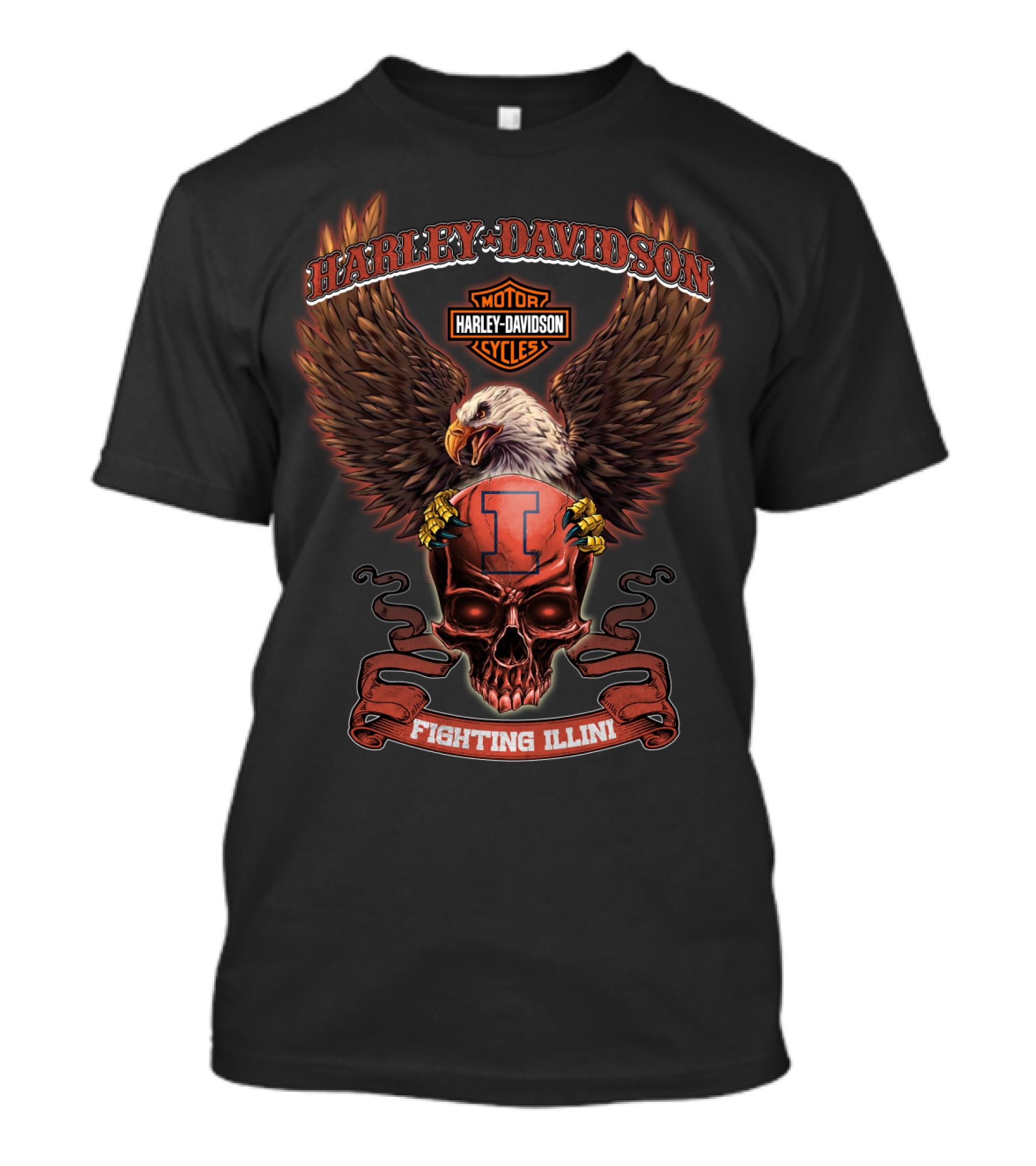 Harley Davidson Motor Cycles Eagle Skull Fighting Illini T-Shirt