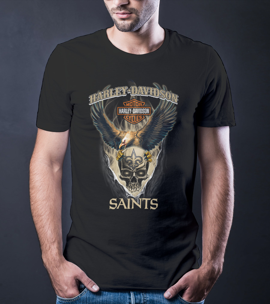 Harley Davidson Motor Cycles Eagle Skull New Orleans Saints T-Shirt
