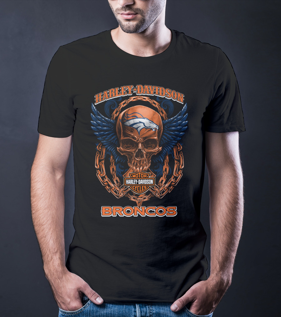 Harley Davidson Denver Broncos Skull Wings Chain T-Shirt