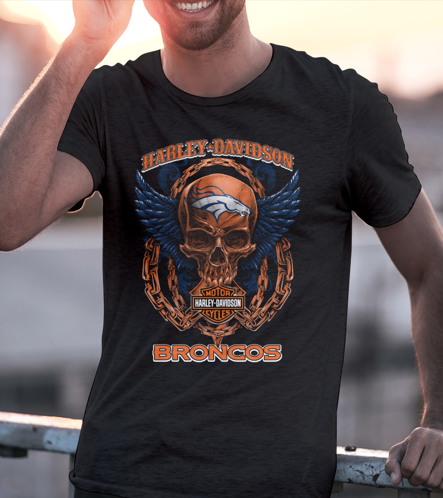 Harley Davidson Denver Broncos Skull Wings Chain T-Shirt