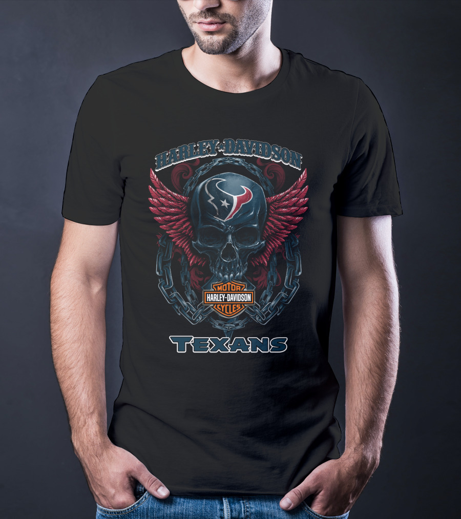 Harley Davidson Motor Cycles Texans Houston Logo Skull With Red Wings T-Shirt