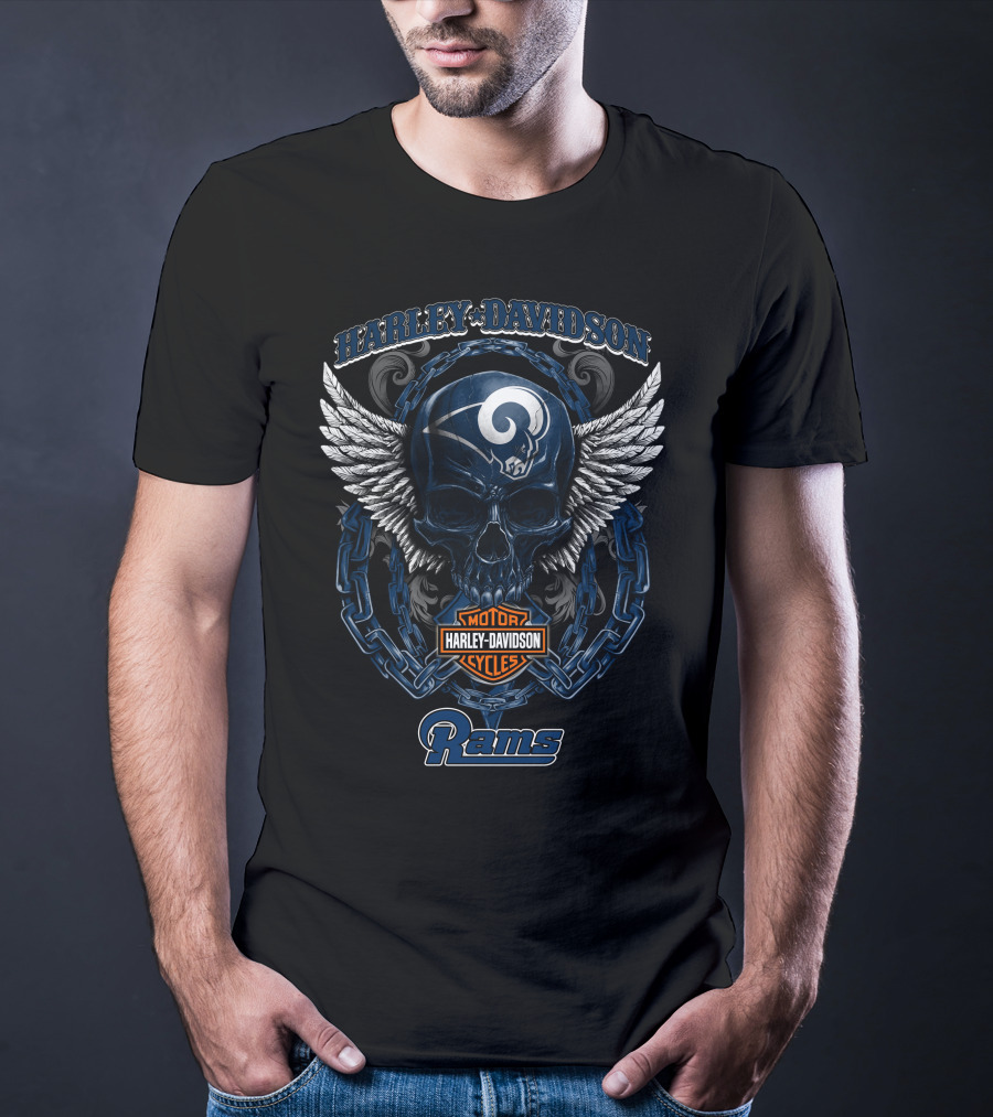 Harley Davidson Los Angeles Rams Skull Wings Motorcycles T-Shirt