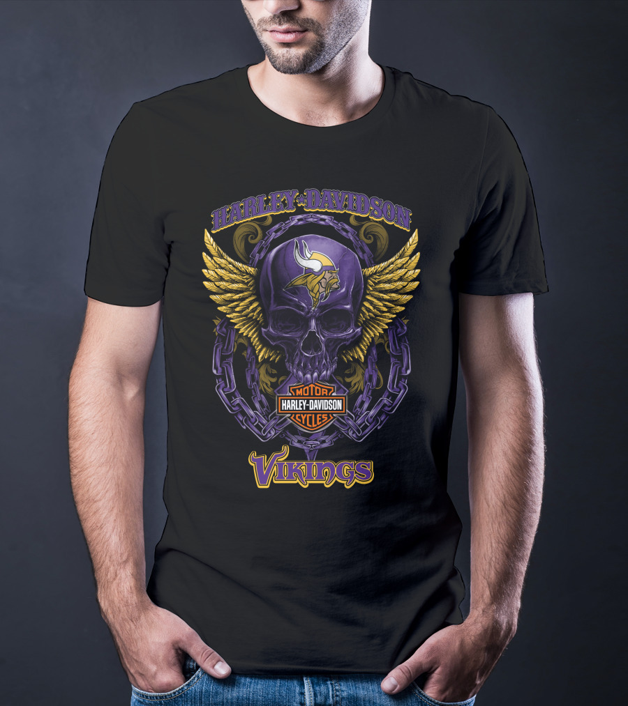Harley Davidson Minnesota Vikings Skull With Wings And Chains T-Shirt