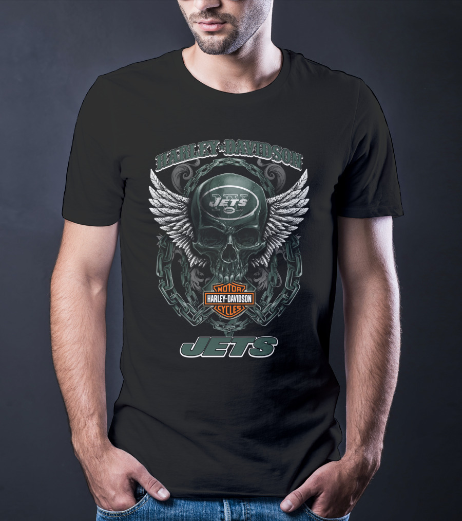 Harley Davidson New York Jets Winged Skull Motorcycle Cycles T-Shirt