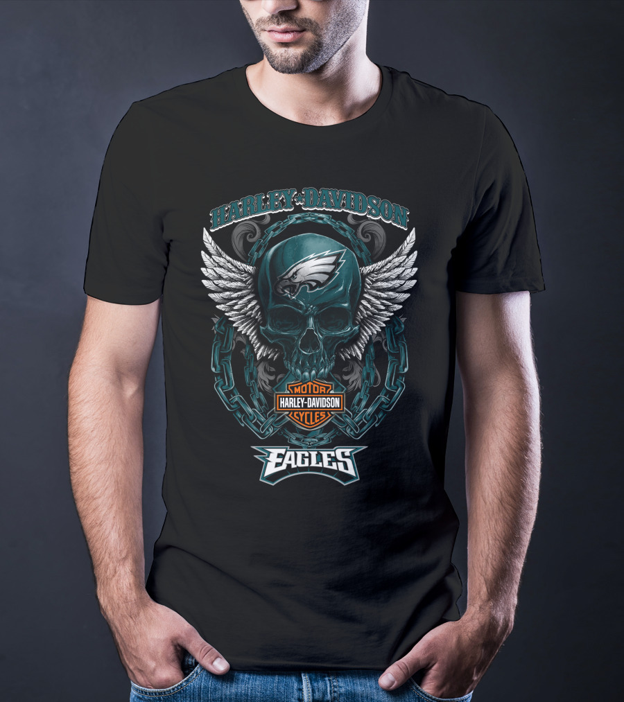 Harley Davidson Philadelphia Eagles Motorcycles Winged Skull T-Shirt