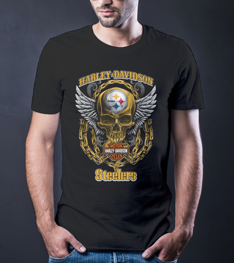 Harley Davidson Motor Cycles Steelers Skull Winged Chain T-Shirt