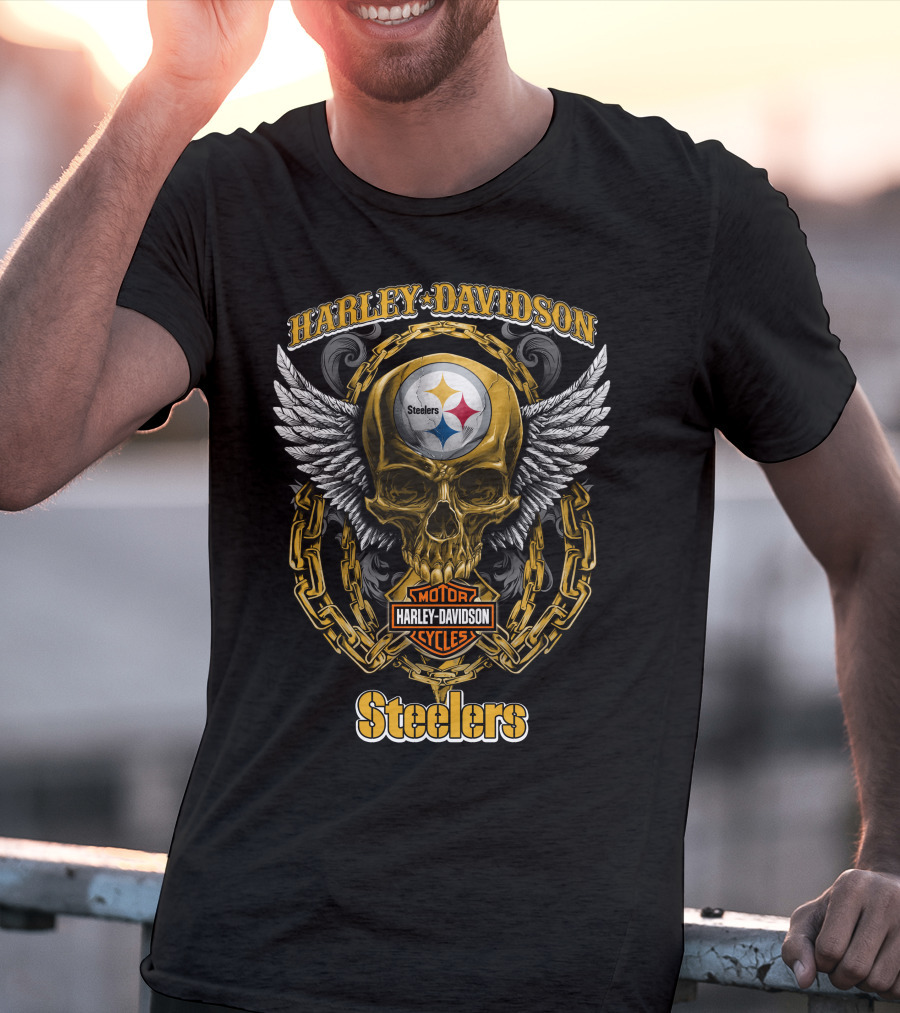 Harley Davidson Motor Cycles Steelers Skull Winged Chain T-Shirt