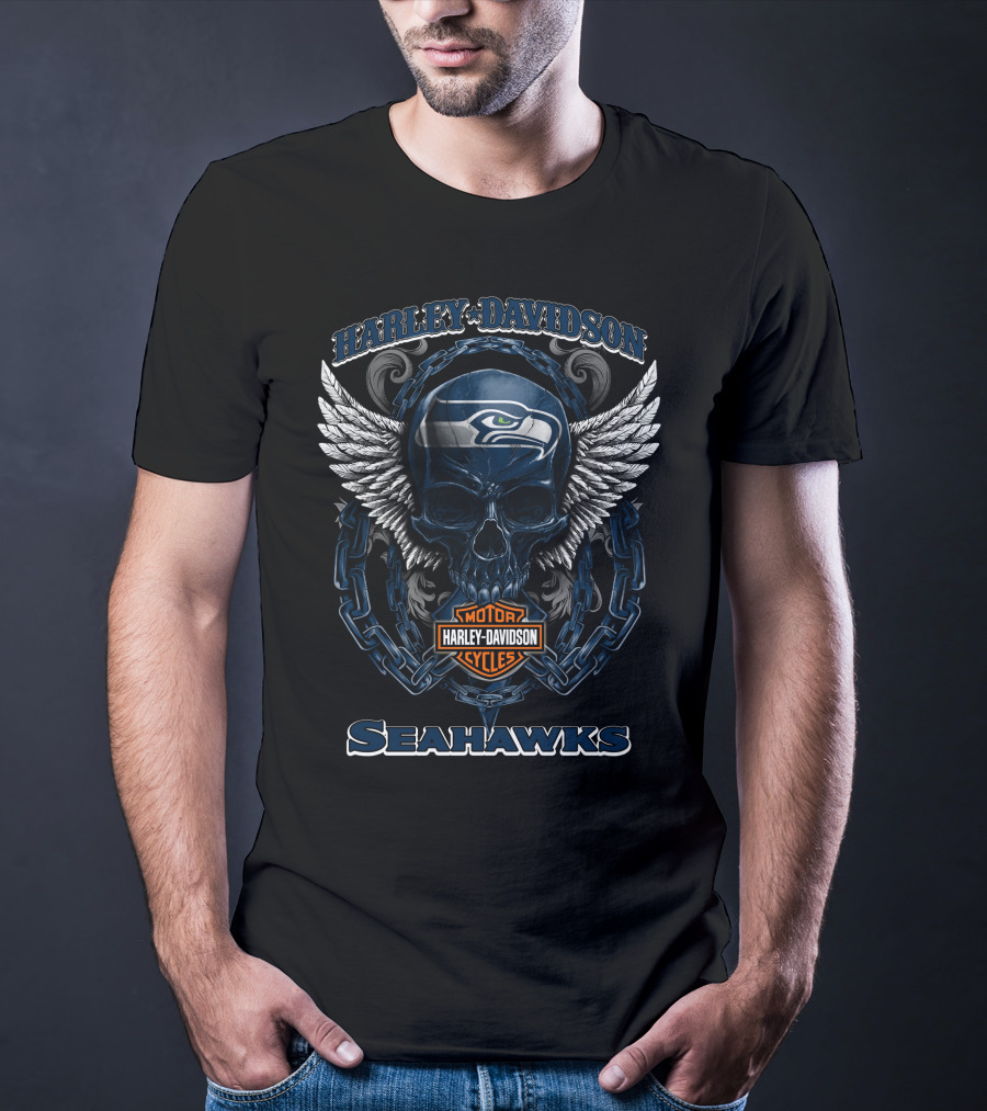 Harley Davidson Motorcycles Seattle Seahawks Skull Wings T-Shirt