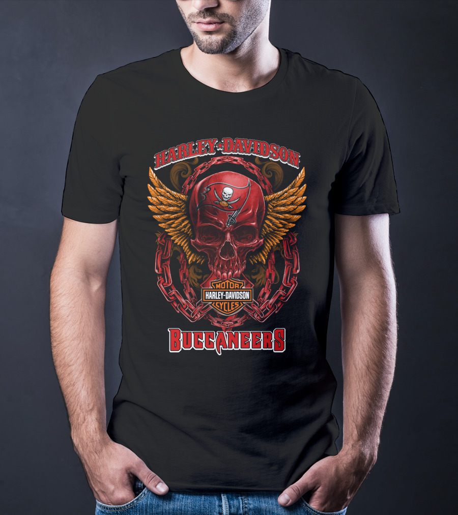 Harley Davidson Motorcycles Buccaneers Skull Logo Wings Chains T-Shirt
