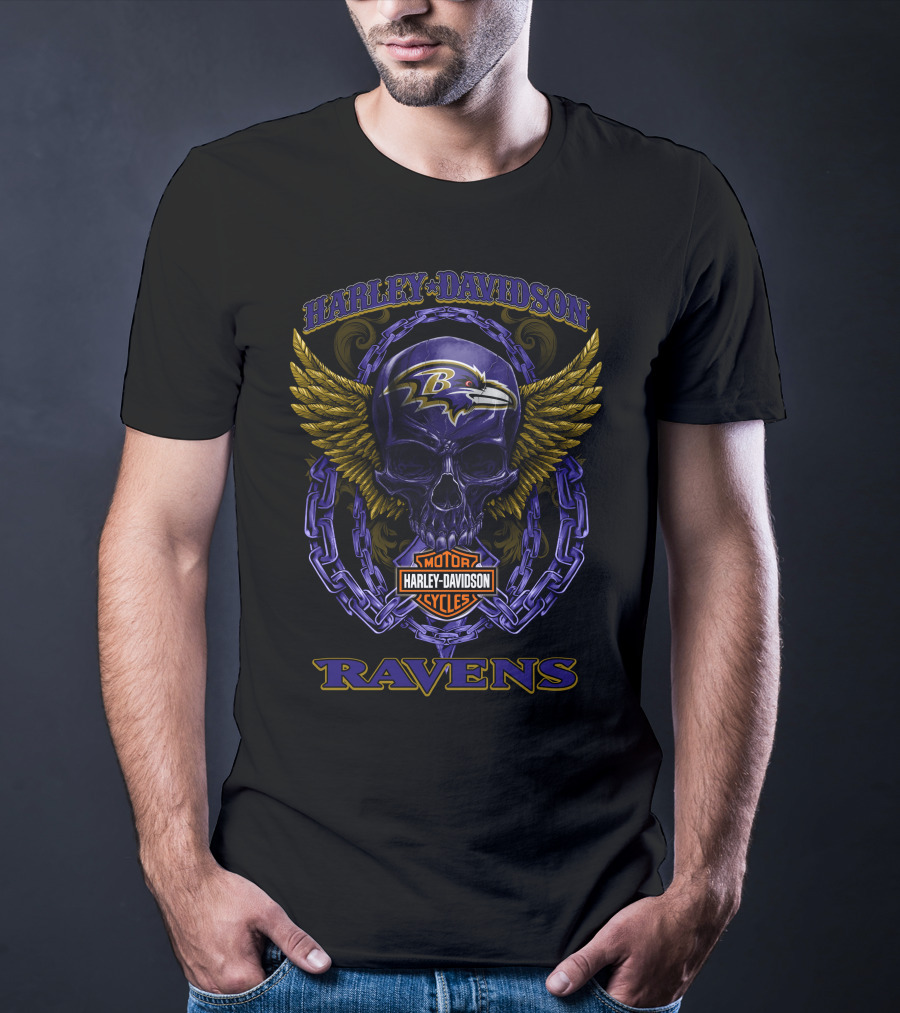 Harley Davidson Baltimore Ravens Skull Wing Motor Cycles T-Shirt