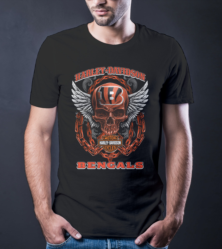 Harley Davidson Cincinnati Bengals Motorcycles Winged Skull Chain T-Shirt