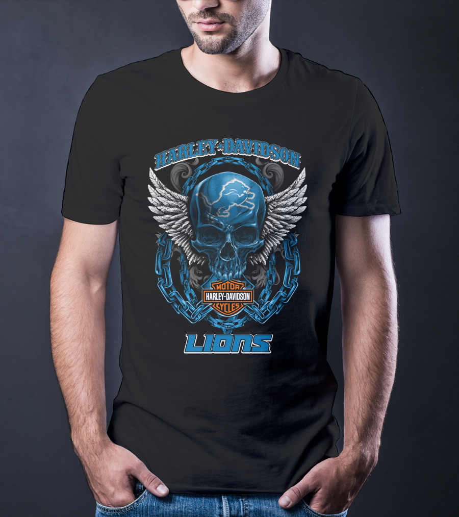 Harley Davidson Motor Cycles Detroit Lions Skull And Wings T-Shirt
