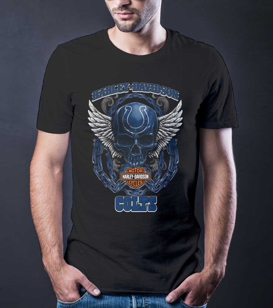 Harley Davidson Motor Cycles Indianapolis Colts Skull With Wings T-Shirt