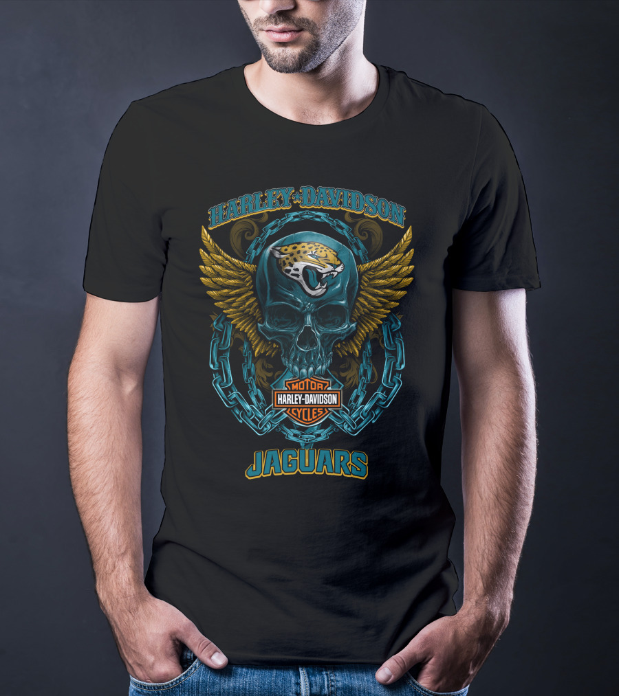 Harley Davidson Motor Cycles Jacksonville Jaguars Skull Logo Wings T-Shirt