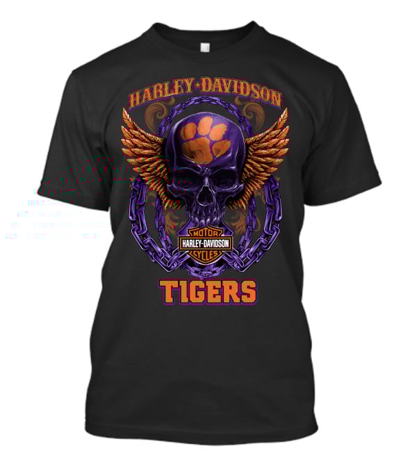Harley Davidson Tigers Skull With Clemson Paw Logo And Wings T-Shirt