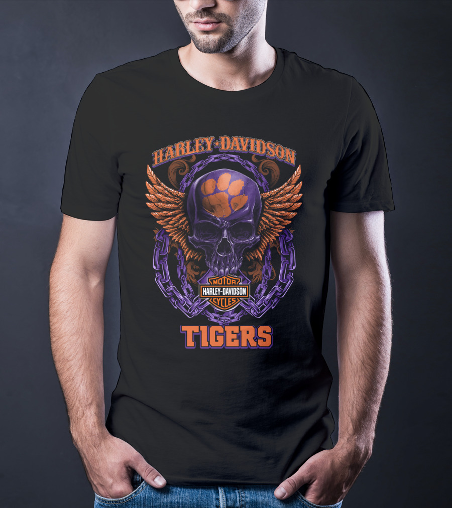Harley Davidson Tigers Skull With Clemson Paw Logo And Wings T-Shirt