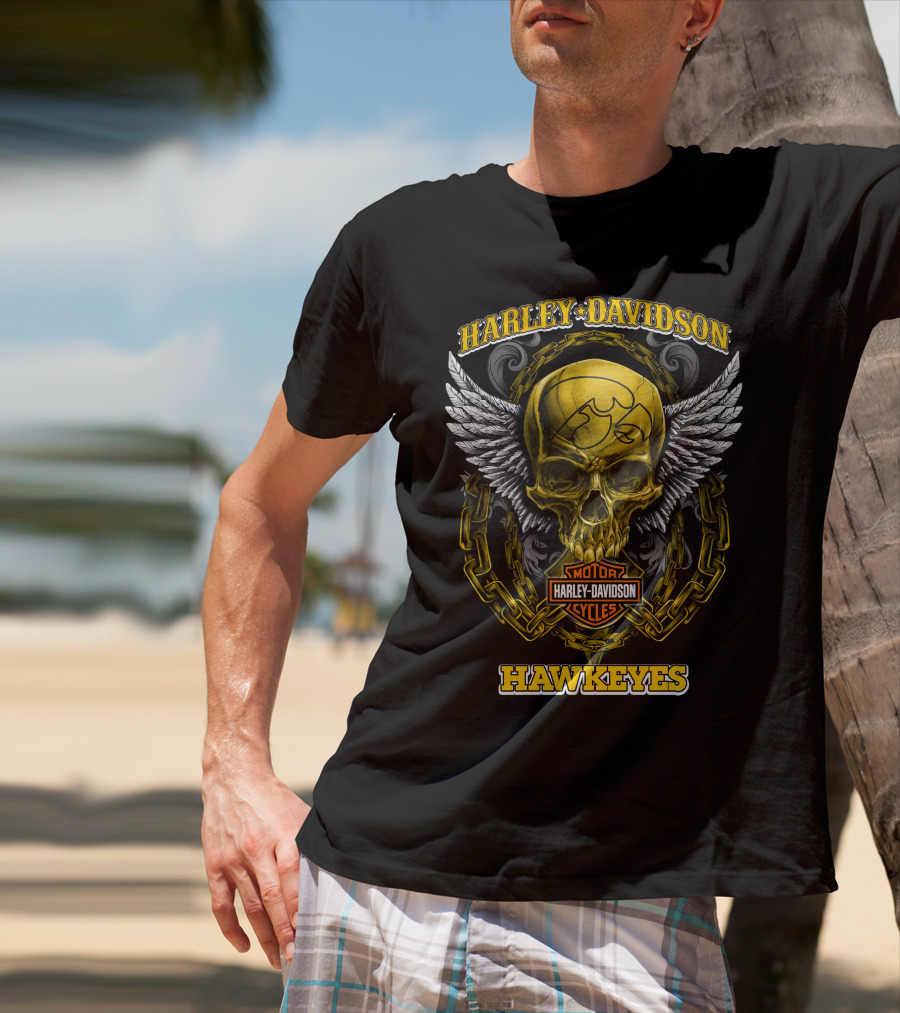 Harley Davidson Motor Cycles Skull Hawkeyes Iowa T-Shirt