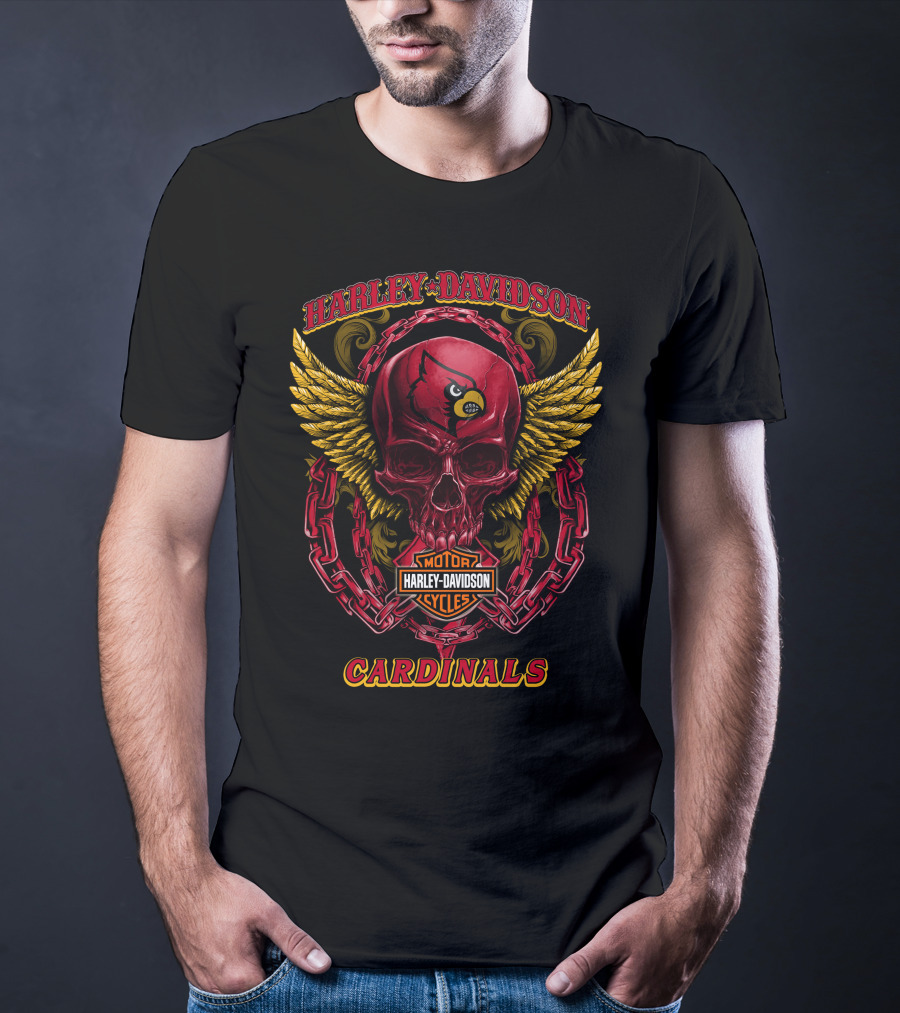 Harley Davidson Motor Cycles Cardinals Skull With Wings And Chains T-Shirt