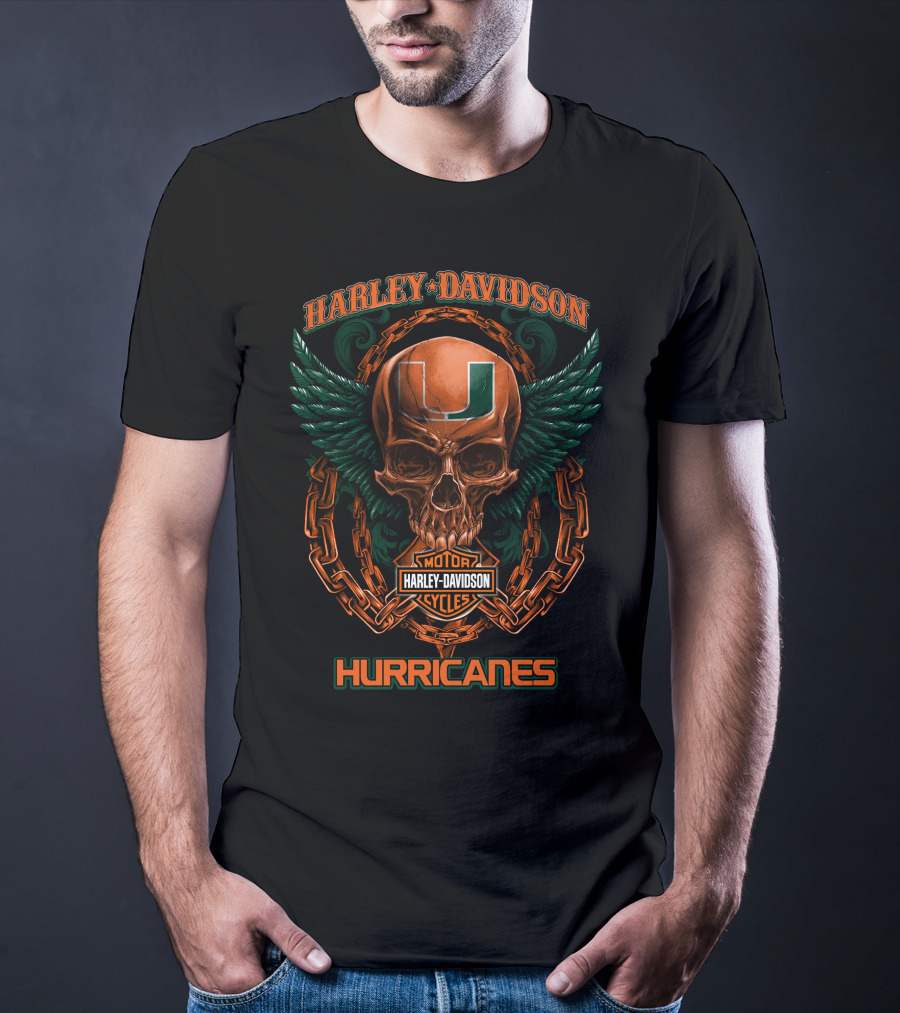 Harley Davidson Miami Hurricanes Skull Logo Chains Winged T-Shirt