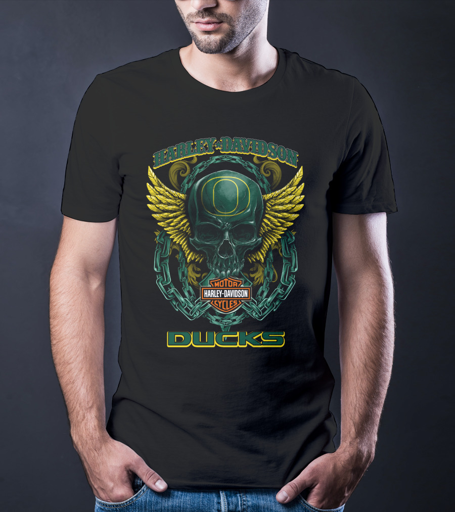Harley Davidson Motorcycles Oregon Ducks Skull Wing T-Shirt