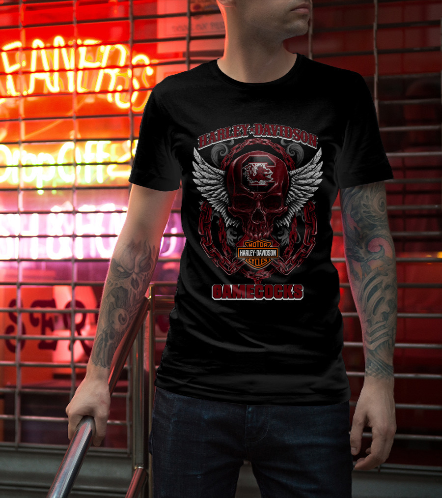 Harley Davidson South Carolina Gamecocks Motorcycles Skull Wings Chains T-Shirt