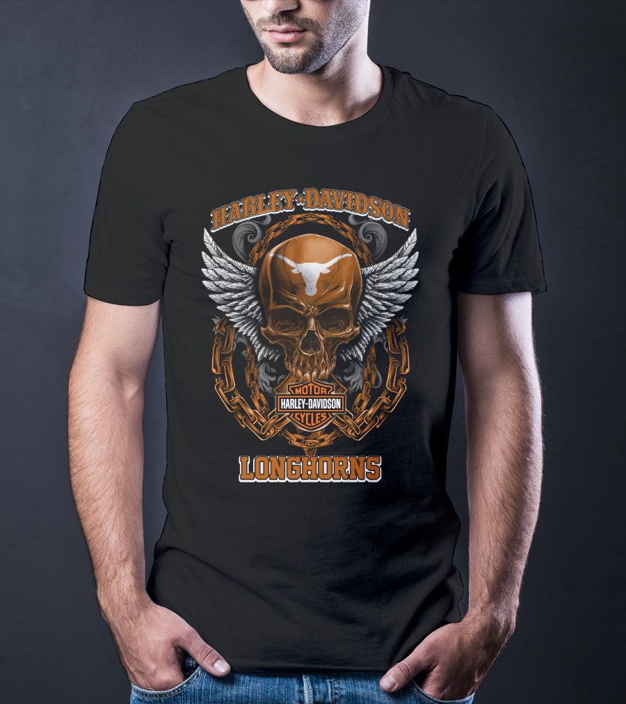 Harley Davidson Longhorns Motorcycles Skull And Wings T-Shirt