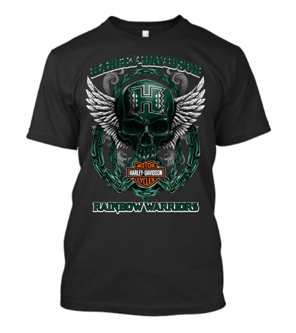 Harley Davidson Motor Cycles Hawaii Rainbow Warriors Skull Wings Chain T-Shirt