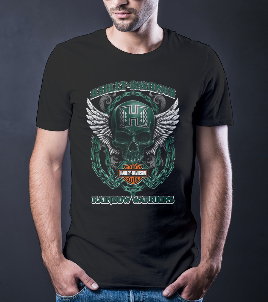Harley Davidson Motor Cycles Hawaii Rainbow Warriors Skull Wings Chain T-Shirt