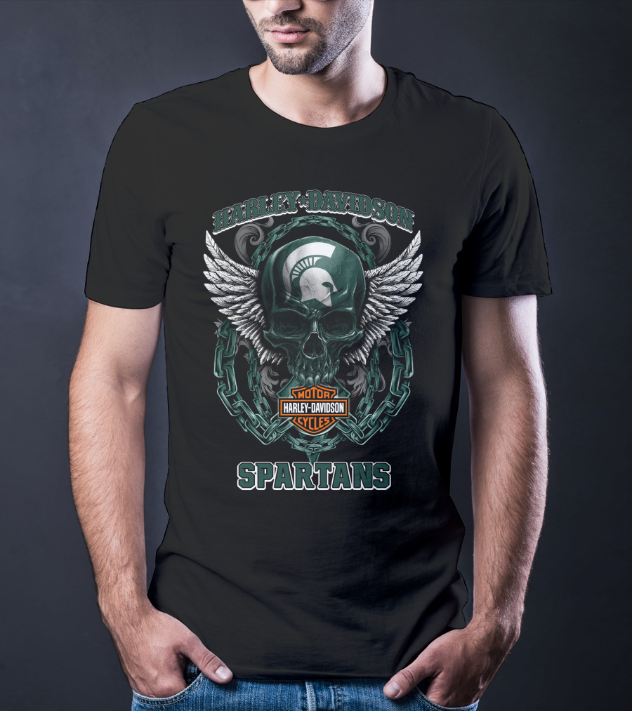 Harley Davidson Michigan State Spartans Skull Wings Motorcycles T-Shirt