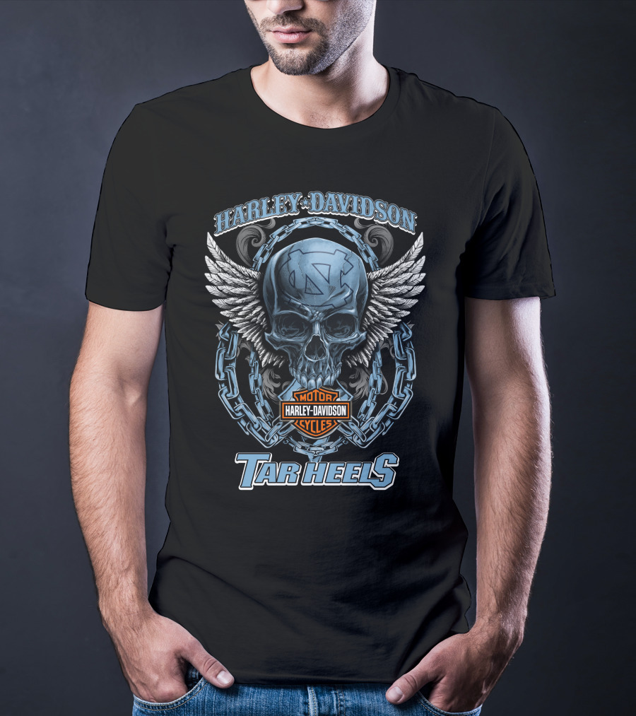 Harley Davidson North Carolina Tar Heels Motor Cycles Skull Wings T-Shirt