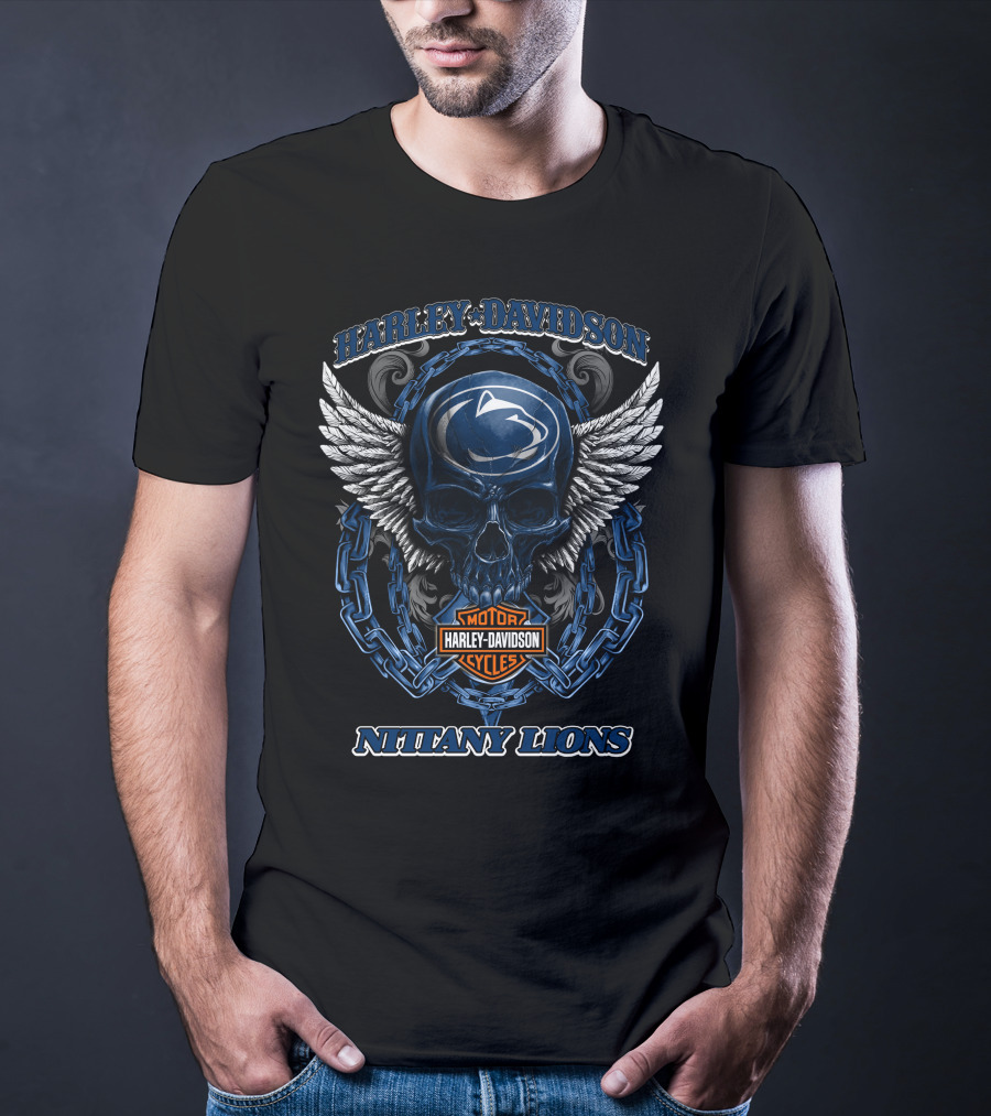 Harley Davidson Nittany Lions Penn State Motor Cycles Skull Wings T-Shirt
