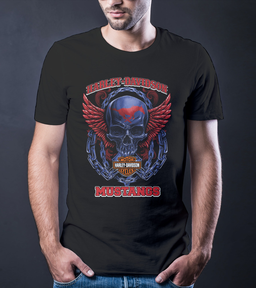 Harley Davidson Motor Cycles Mustangs Skull Wings Chains T-Shirt