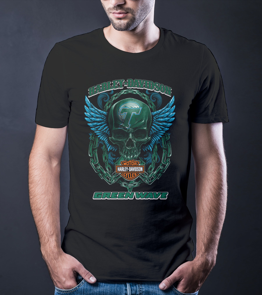 Harley Davidson Motor Cycles Green Wave Skull With Wings And Chains T-Shirt