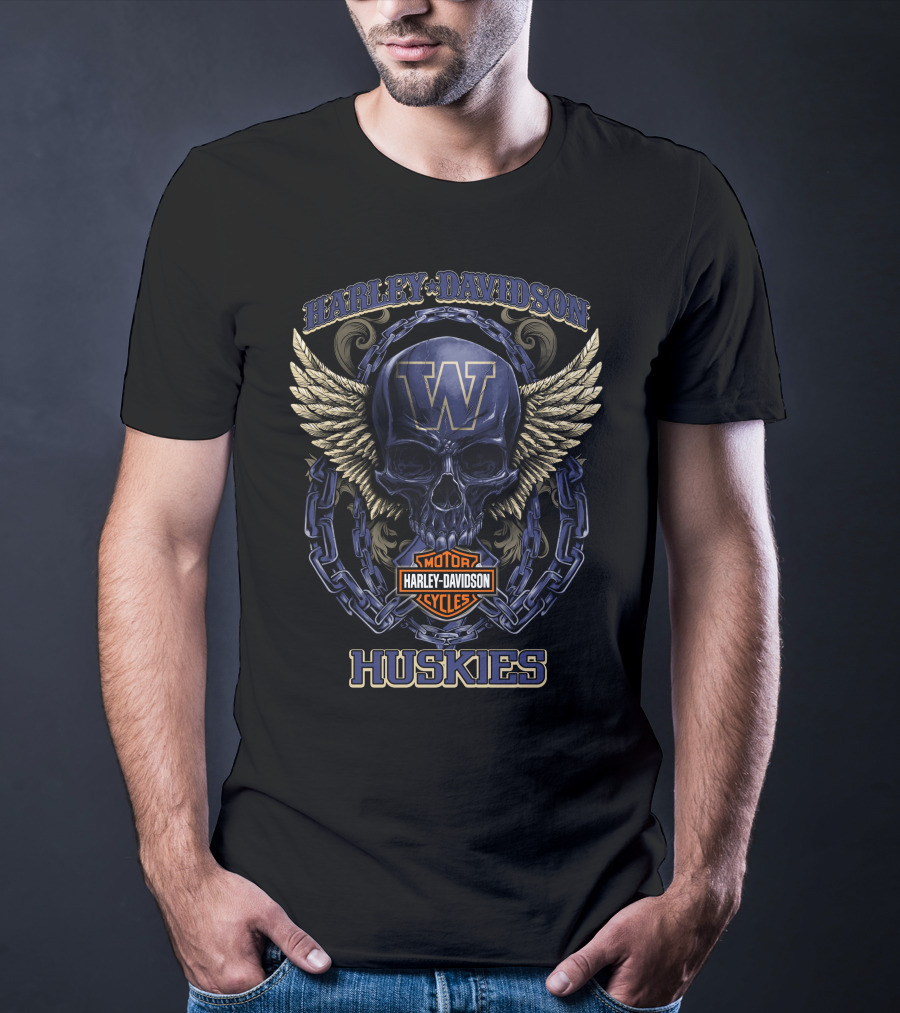 Harley Davidson Motor Cycles Washington Huskies Skull Wings Chain T-Shirt