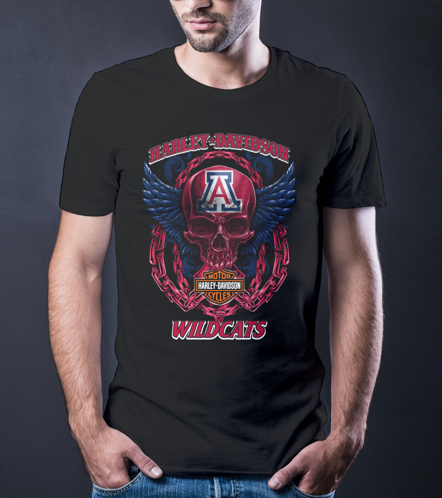 Harley Davidson Arizona Wildcats Motor Cycles Skull And Chains T-Shirt